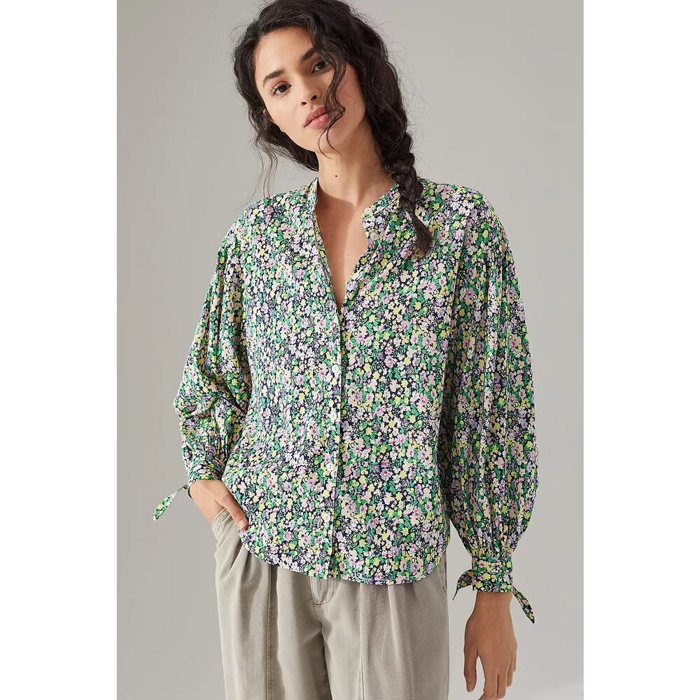 Anthropologie Maeve Ashleigh Puff Sleeve Green Floral Top Size XS
